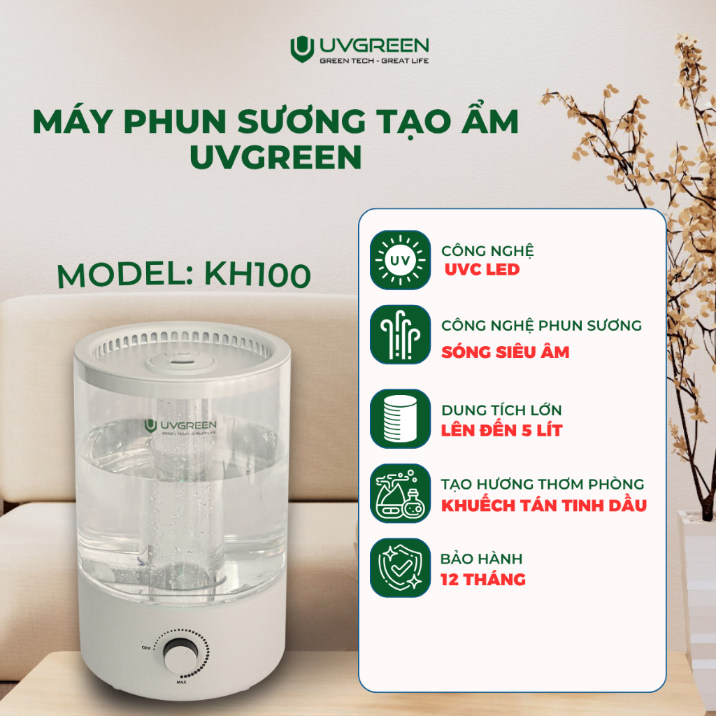 Máy Phun Sương Tạo Ẩm UVGREEN KH200 5 Lít, UVC Diệt Khuẩn, Tạo Sương Siêu Mịn Làm Mát, Xông Tinh Dầu