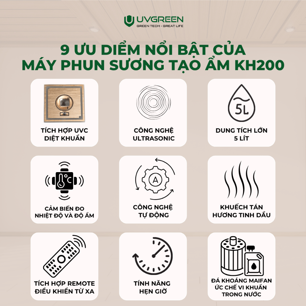 Máy Phun Sương Tạo Ẩm UVGREEN KH200 5 Lít, UVC Diệt Khuẩn, Tạo Sương Siêu Mịn Làm Mát, Xông Tinh Dầu