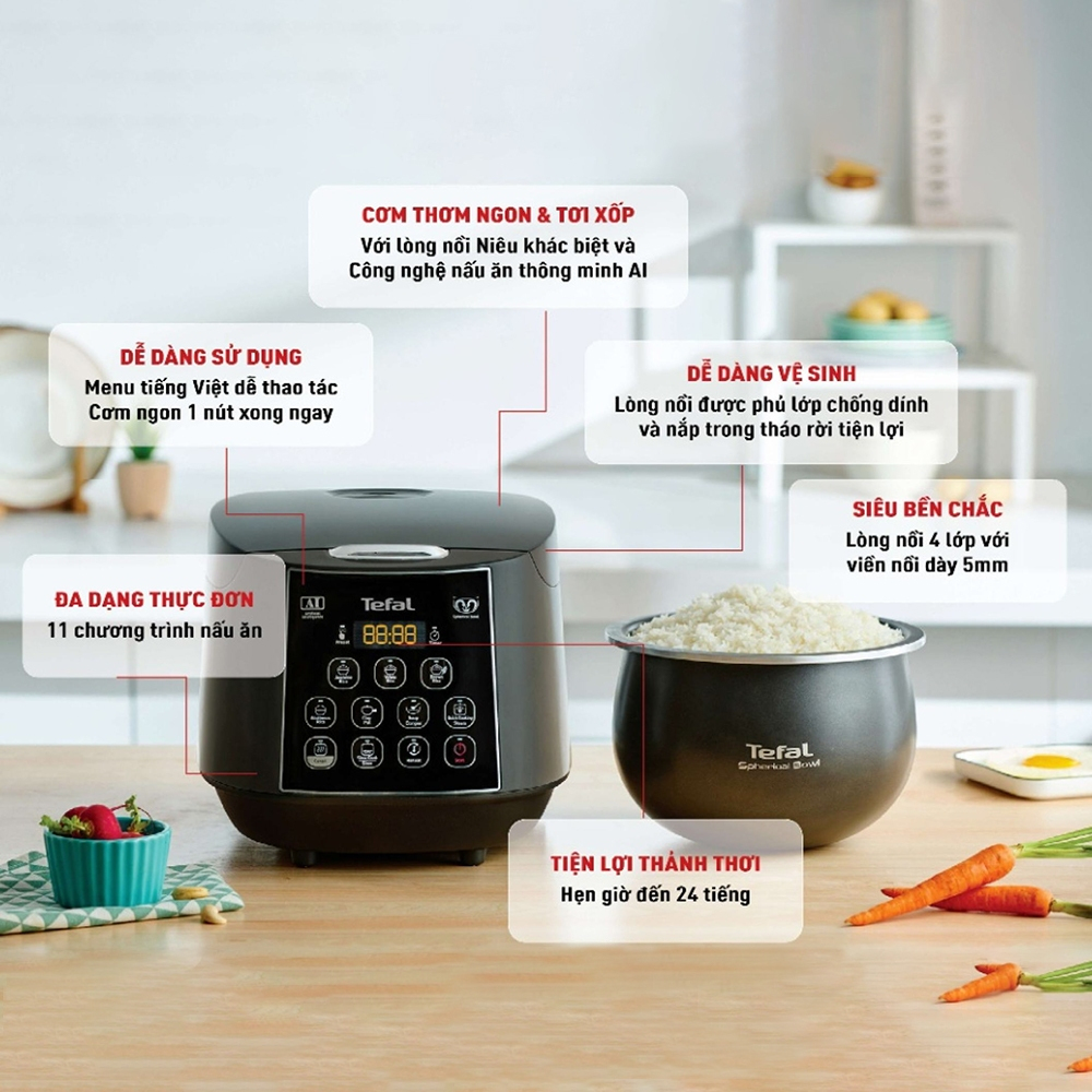 Nồi cơm điện tử Tefal RK736B68 1.8L - 750W - Công nghệ Fuzzy Logic - Bảo hành chính hãng 24 tháng