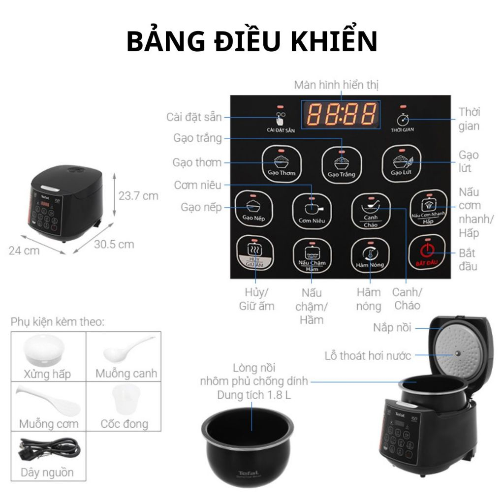 Nồi cơm điện tử Tefal RK736B68 1.8L - 750W - Công nghệ Fuzzy Logic - Bảo hành chính hãng 24 tháng