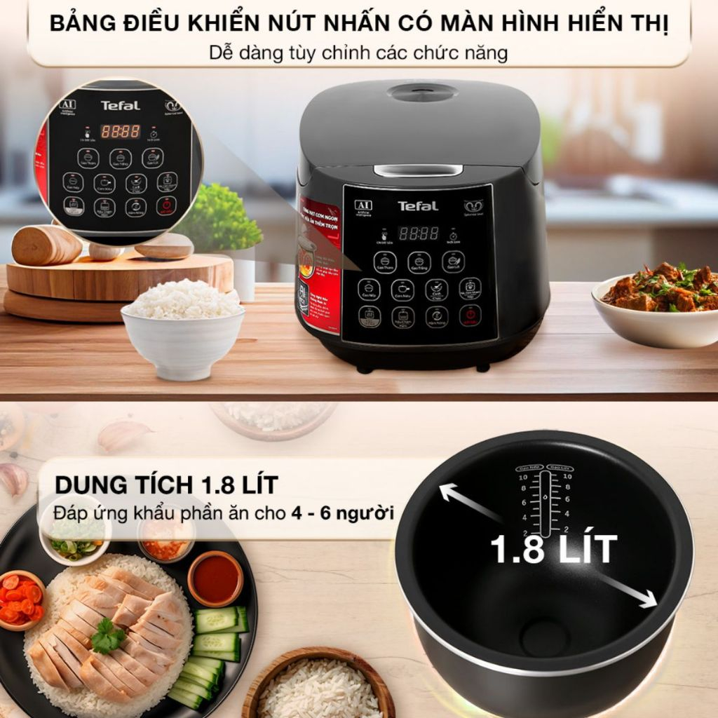 Nồi cơm điện tử Tefal RK736B68 1.8L - 750W - Công nghệ Fuzzy Logic - Bảo hành chính hãng 24 tháng