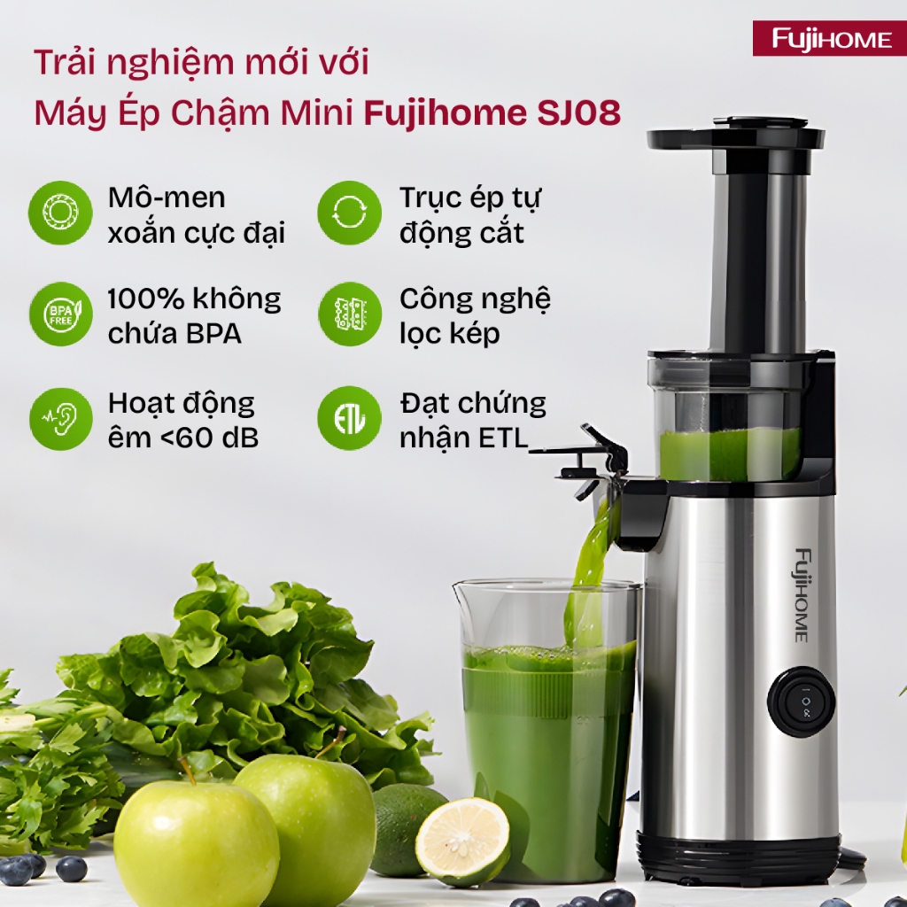 Máy ép chậm nhỏ có chế độ tự ngắt FUJIHOME Nhập Khẩu SJ08, Máy ép mini cao cấp nhỏ gọn, ép kiệt, dễ vệ sinh