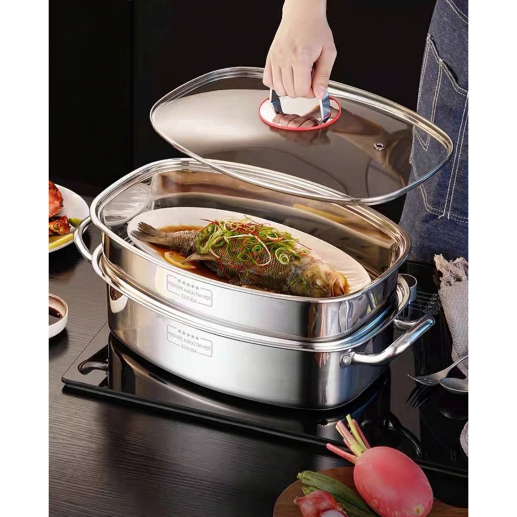 Nồi Xửng Hấp Cá Inox 304 Hai Tầng Nội Địa Trung Cao Cấp
