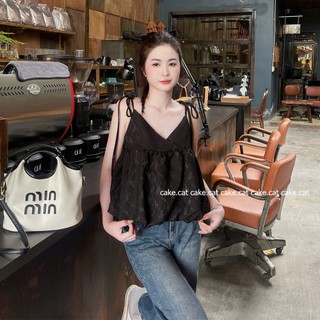 Áo 2 Dây Gấm Hoa Nữ Phối Nơ Vai Dáng Babydoll – Kiểu Áo Bí Phồng Cakecat Tôn Dáng Dễ Phối Đồ