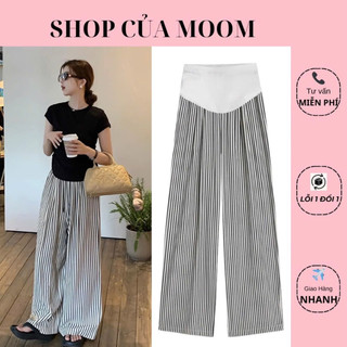 quần bầu kẻ sọc ống rộng chất đũi xốp có đáp bụng kèm chun chỉnh bụng tiện lợi