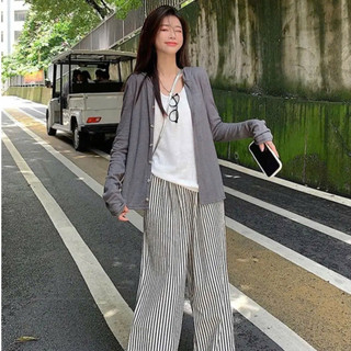 quần bầu kẻ sọc ống rộng chất đũi xốp có đáp bụng kèm chun chỉnh bụng tiện lợi
