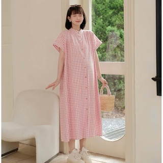 Váy Sơmi Bầu Kẻ Caro Dáng Dài phong cách Trẻ Trung Năng Động