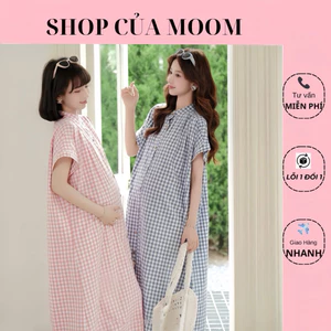 Váy Sơmi Bầu Kẻ Caro Dáng Dài phong cách Trẻ Trung Năng Động
