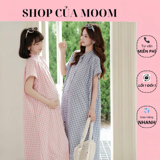 Váy Sơmi Bầu Kẻ Caro Dáng Dài phong cách Trẻ Trung Năng Động