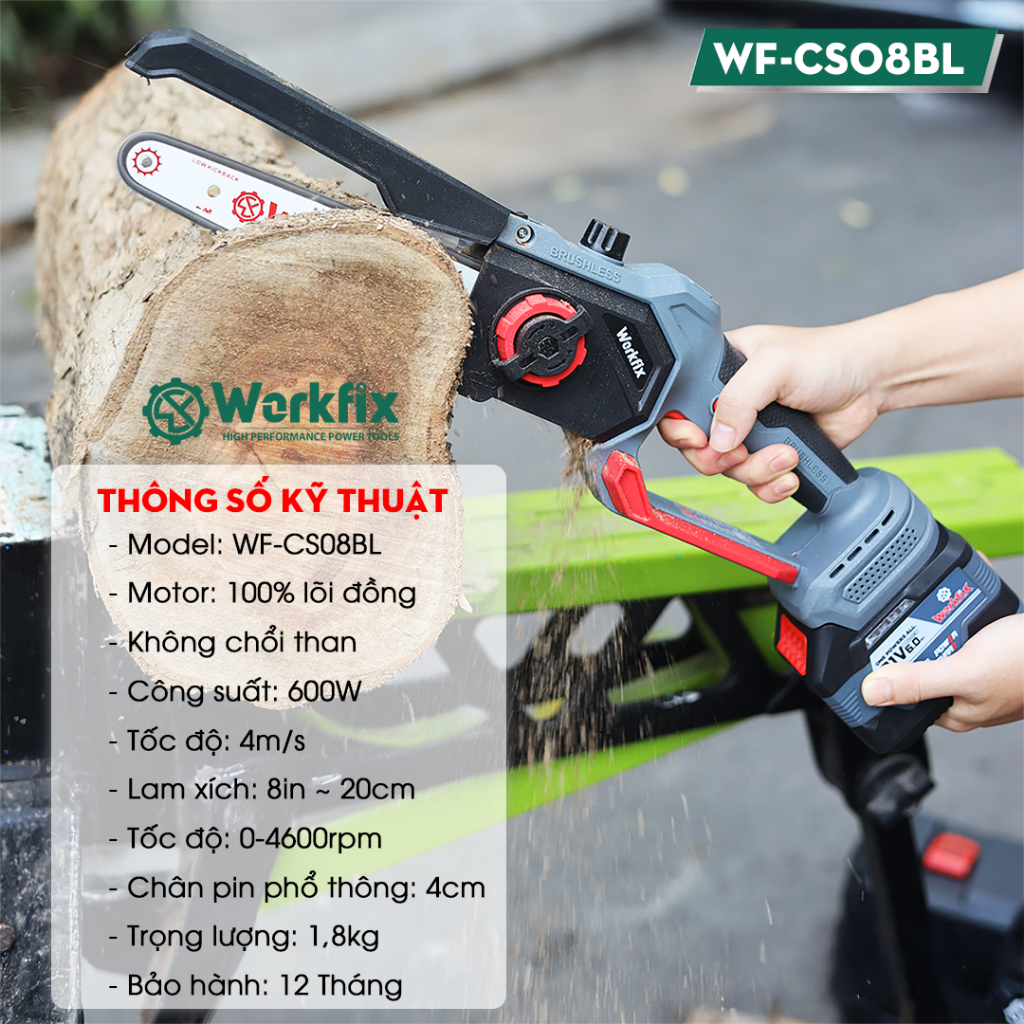 [KÈM PHỤ KIỆN] Máy Cưa Xích Workfix WF-CS0801BL Không Chổi Than, 100% Lõi Đồng, Chính Hãng Chuyên Cưa, Cắt Gỗ