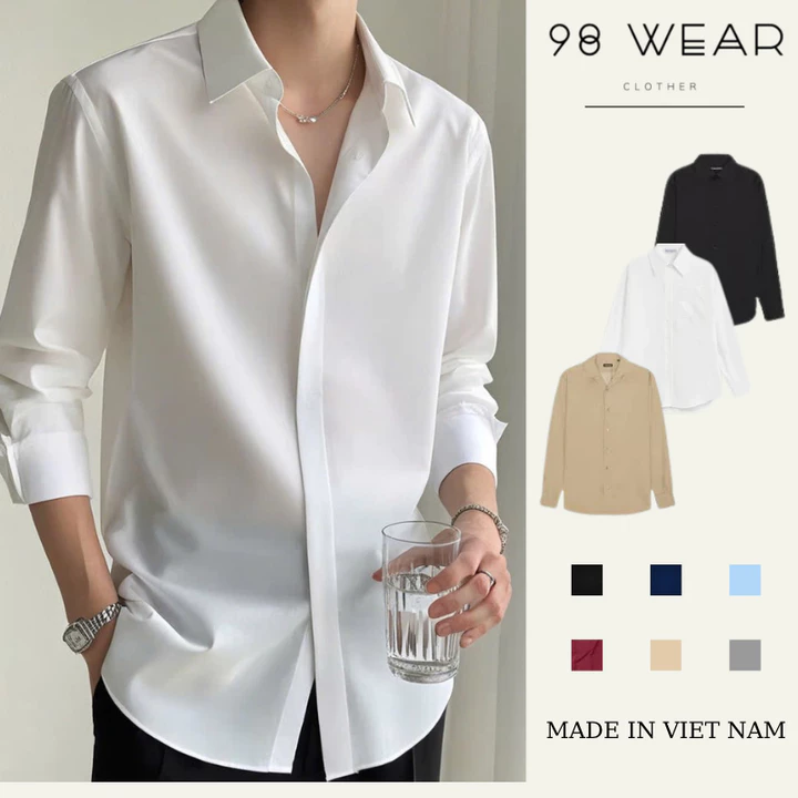 Áo Sơ mi nam Dài Tay Cao Cấp 98WEAR Chất Lụa Mềm Mịn , kiểu dáng Hàn Quốc không nhăn, không xù