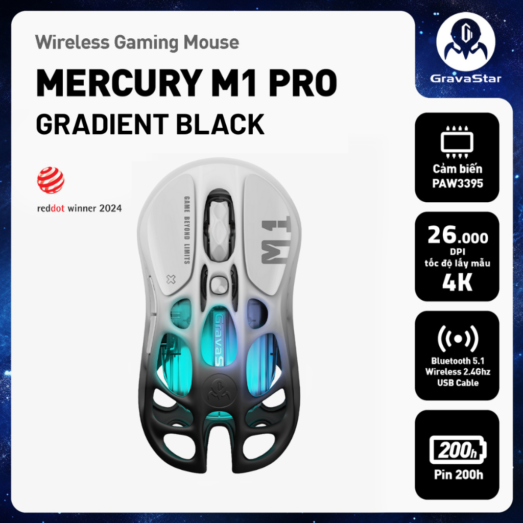 Chuột không dây Gaming GravaStar Mercury M1 Pro 26000 DPI 4K Polling Rate Pin 200 Giờ TURBOSPEED - Bảo hành 12 tháng | BigBuy360 - bigbuy360.vn