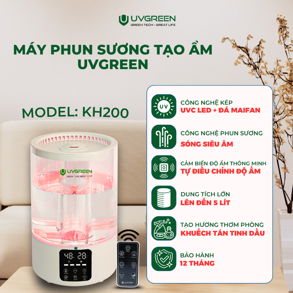 Máy Phun Sương Tạo Ẩm UVGREEN KH200 5 Lít, UVC Diệt Khuẩn, Tạo Sương Siêu Mịn Làm Mát, Xông Tinh Dầu