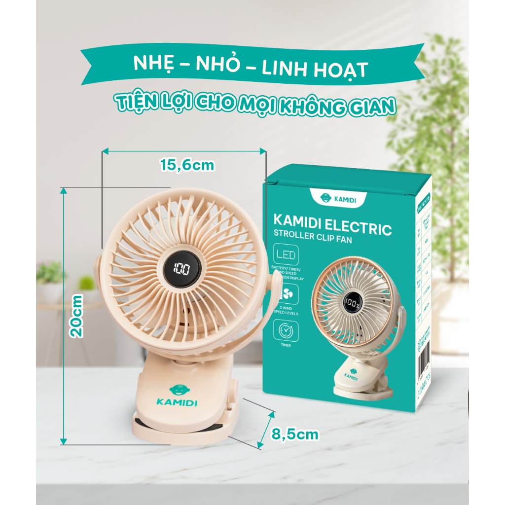 Quạt Tích Điện Mini Kamidi - Quạt Kẹp Xe Đẩy, Quạt Kẹp Nôi Cho Bé