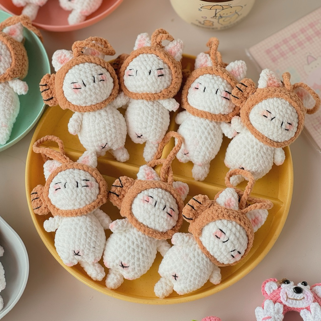Móc Khoá Len Nhung Mèo Đội Nón Cá Cosplay Kitty Dễ Thương Handmade Quà Tặng Độc Đáo Thủ Công