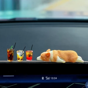 Set chó corgi nằm và 3 cốc trà đá trang trí bàn làm việc, taplo ô tô, dán đỉnh màn hình, quà tặng