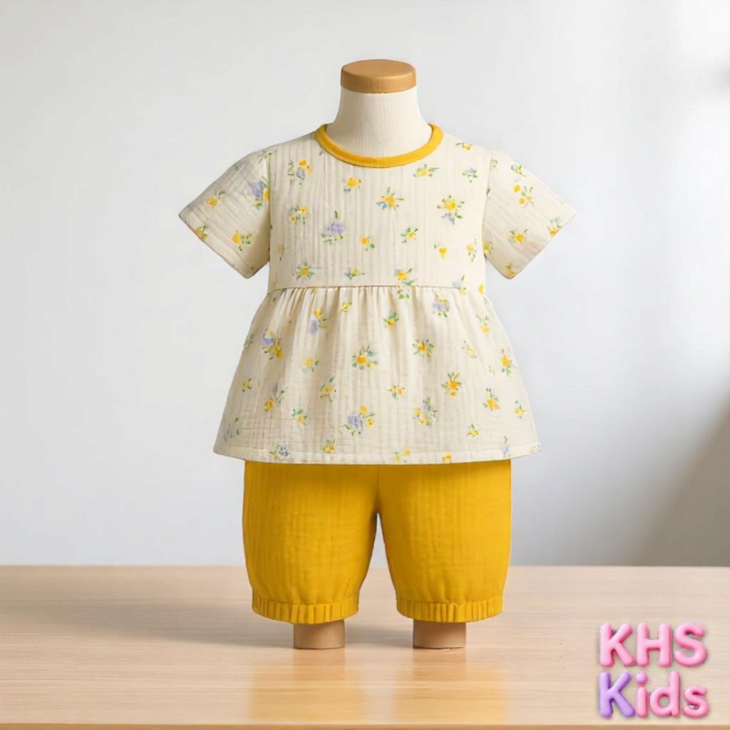 Bộ cọc tay xô musslin dáng babydoll làm từ vải mềm mịn thoáng mát.