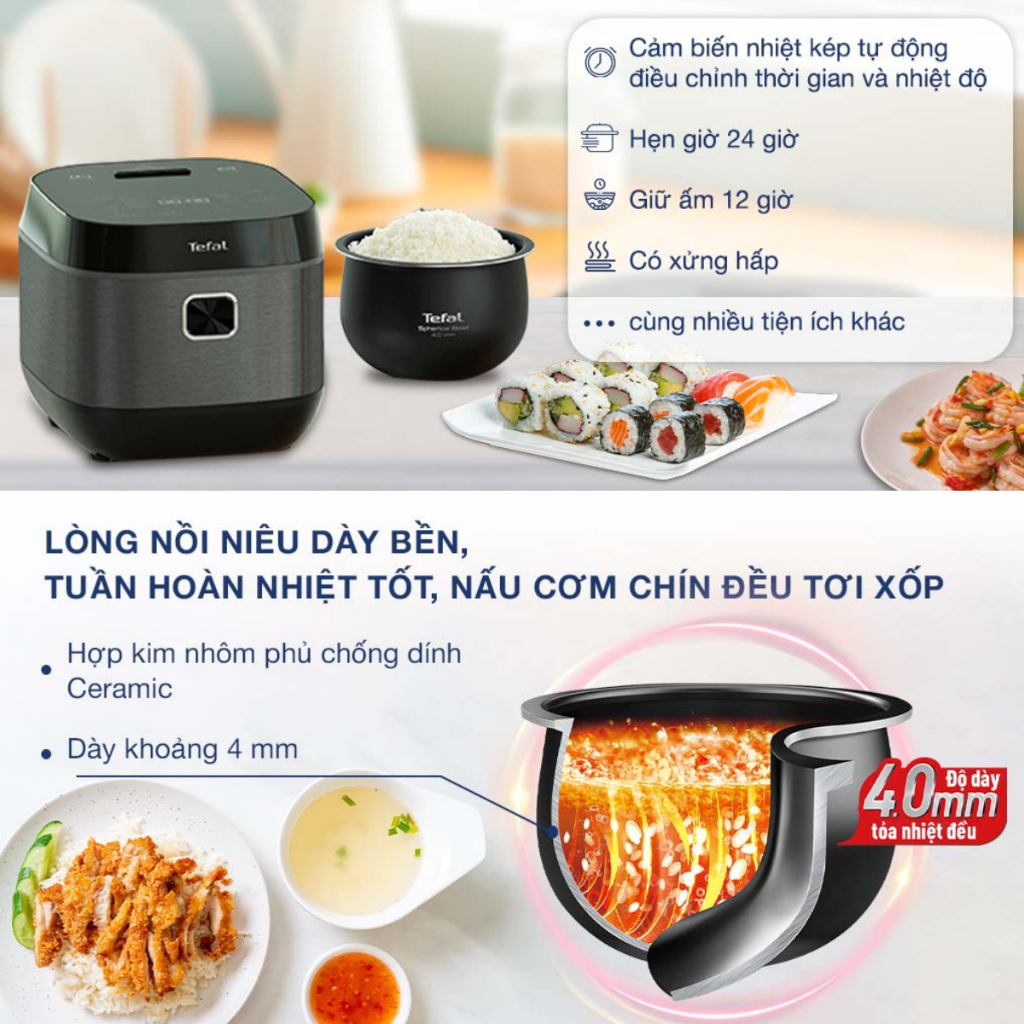 Nồi cơm điện tử Tefal RK776B68 1.8L - Lòng nồi niêu dày 4mm - Bảo hành chính hãng 24 tháng
