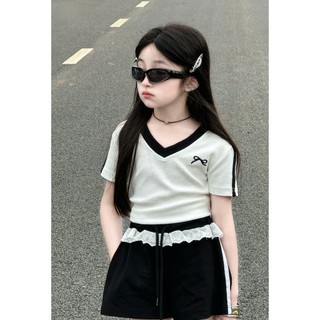 [B&G] Sét bộ áo thun cotton cổ tim kèm quần đùi đen cho bé gái từ 12-45kg(2-12 tuổi)