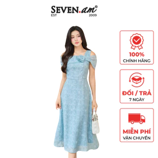 Đầm midi xòe hoạ tiết hoa xanh thời trang nữ Seven.AM H633601I