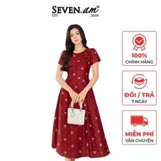 Đầm xòe hoa cuốn đỏ đô hoạ tiết hoa nhí trắng thời trang nữ Seven.AM H603275I
