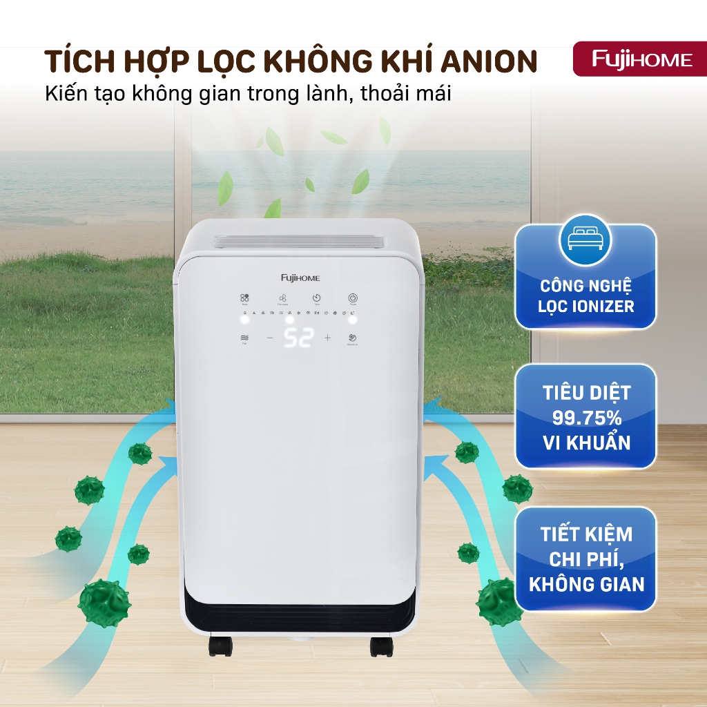 Máy hút ẩm dân dụng đa năng FUJIHOME DH10 10 lít/n, Máy hút lọc Ion âm sấy quần áo nhỏ gọn tiết kiệm điện