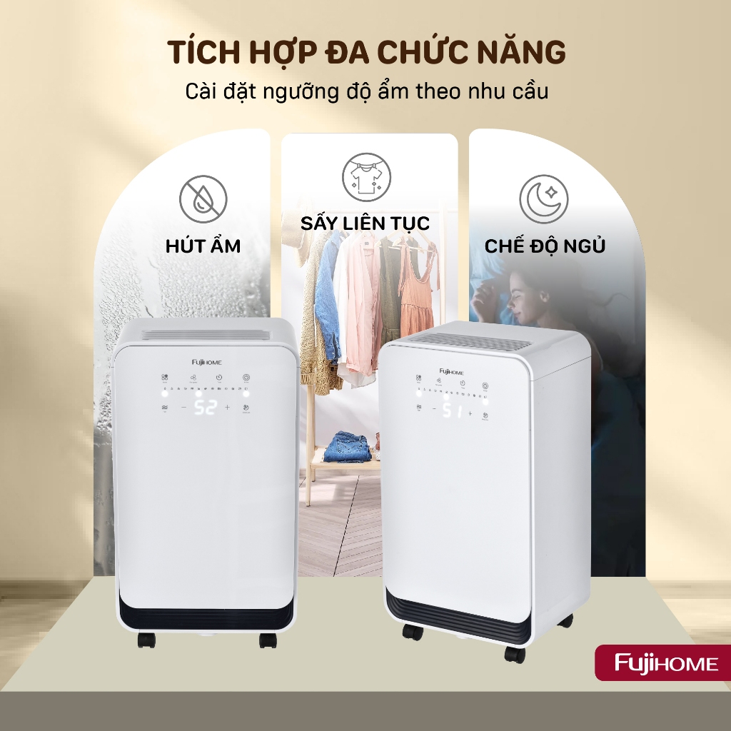 Máy hút ẩm dân dụng đa năng FUJIHOME DH10 10 lít/n, Máy hút lọc Ion âm sấy quần áo nhỏ gọn tiết kiệm điện