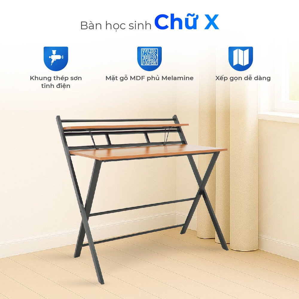 Bàn văn phòng chữ X QUI PHÚC, gấp gọn thông minh, thiết kế 2 tầng tiện lợi, chắc chắn, tiện lợi