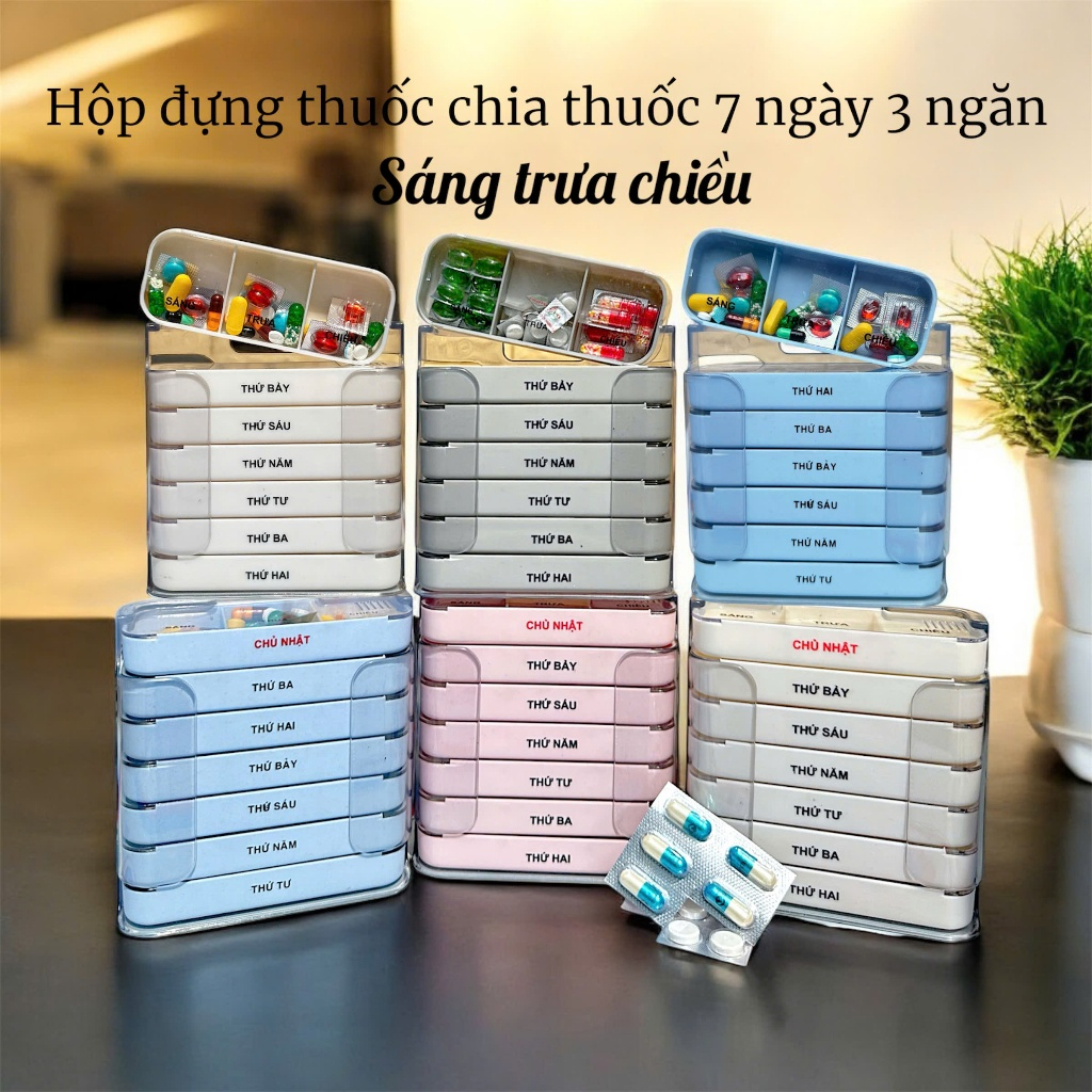 Hộp chia thuốc 7 ngày 3 buổi sáng trưa chiều tiện lợi, Hộp đựng thuốc nhựa ABS an toàn tiện lợi