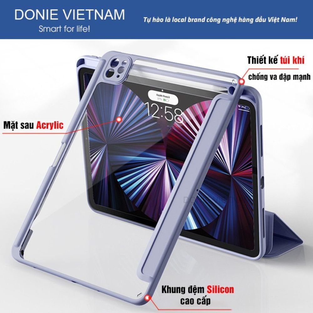 Bao Da iPad DIY Ver 2 Mặt Lưng Kính Acrylic Tong Suốt Cho Gen 10/11 Air 6/7 Pro 11 M3 M4 | DONIE P04