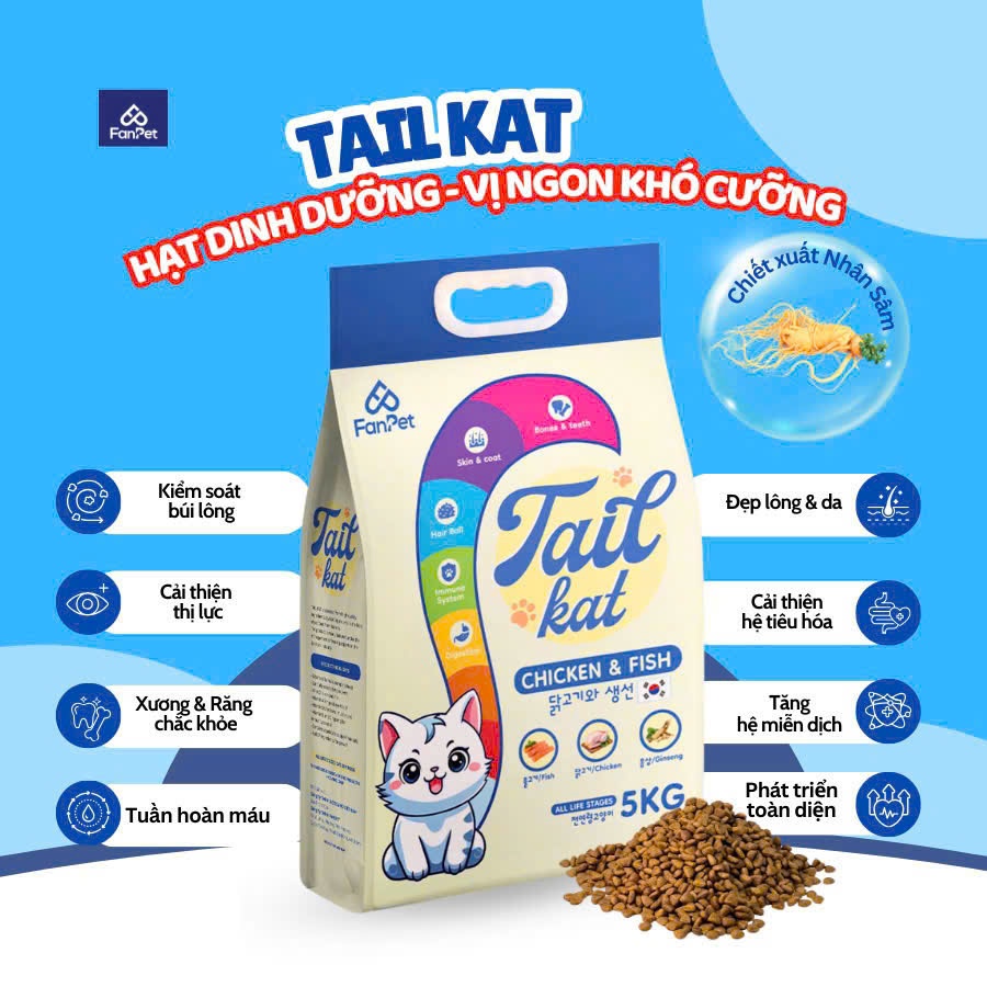 [Tặng 5 Lon Pate 400G] Thức Ăn Hạt Tail Kat Cho Mèo Mọi Lứa Tuổi Vị Gà & Cá Hồi - Bao 5kg Tặng 5 Lon