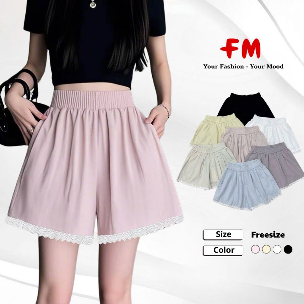 Quần Short Đùi Kiểu FMSTYLE Vải Trơn Lưng Thun Lai Phối Ren Thoáng mát dễ mặc Freesize 26030373
