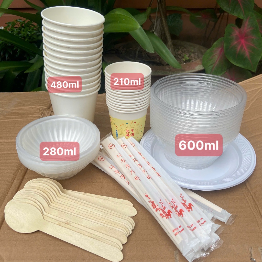 Set đầy đủ đồ dùng 1 lần chén bát, tô, muỗng, ly, thìa đũa  đi dã ngoại - du lịch..đựng xôi cúng thôi nôi, đầy tháng
