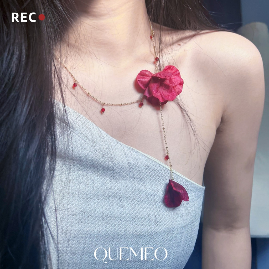 Vòng Cổ Chocker Hoa Rya Boho Chic QUEMEO Dây chuyền Hoa Đá Đỏ Thời Trang Thanh Lịch