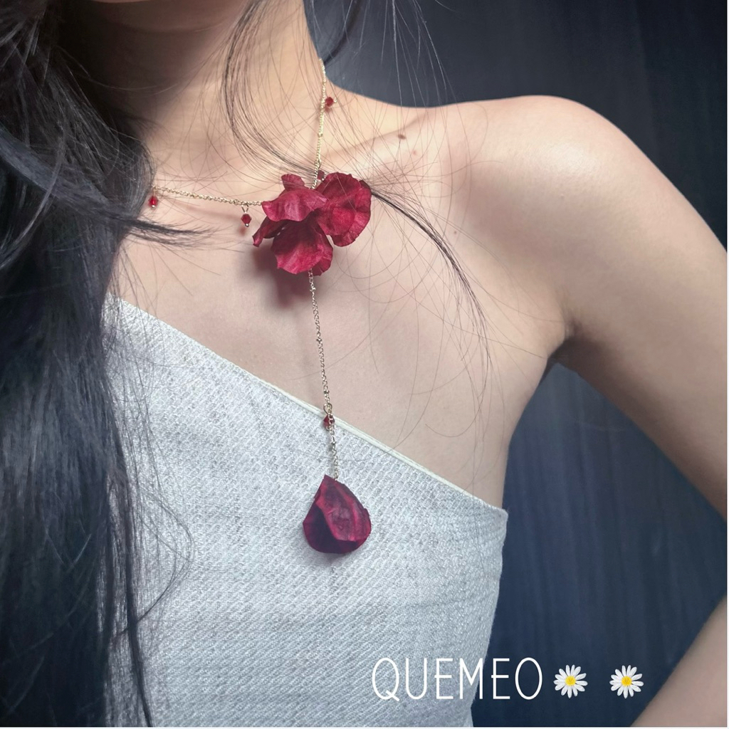 Vòng Cổ Chocker Hoa Rya Boho Chic QUEMEO Dây chuyền Hoa Đá Đỏ Thời Trang Thanh Lịch
