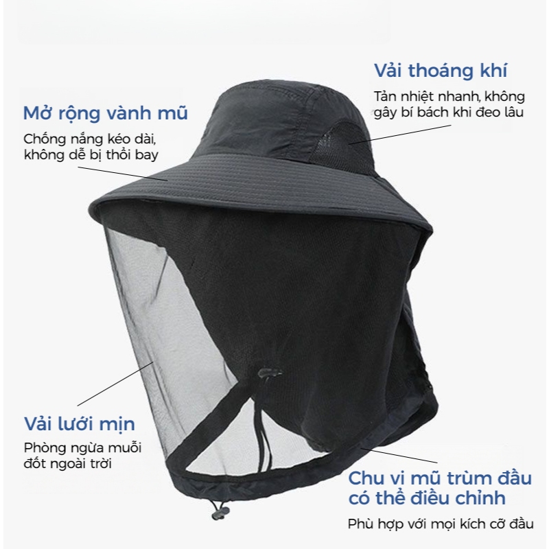 Mũ chống muỗi、Mũ che nắng、Chỉ số chống tia UV UPF50+、Chống thấm nước、Câu cá、Leo núi、Dành cho cả nam và nữ、