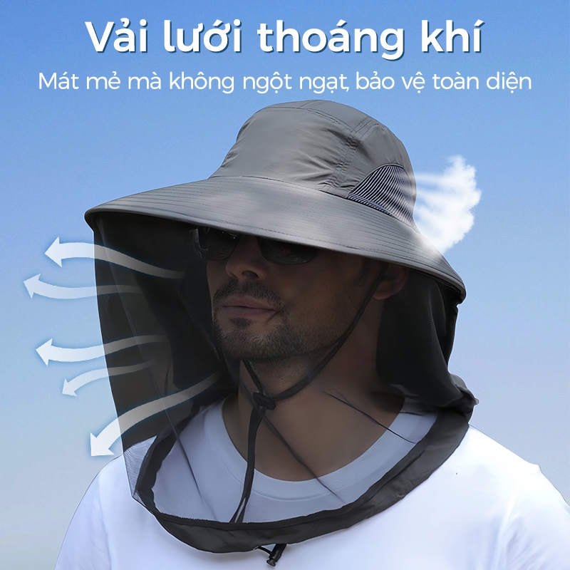 Mũ chống muỗi、Mũ che nắng、Chỉ số chống tia UV UPF50+、Chống thấm nước、Câu cá、Leo núi、Dành cho cả nam và nữ、