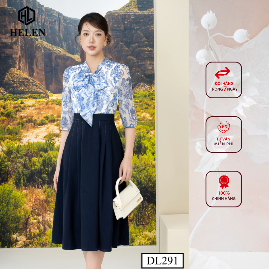 Đầm công sở HELEN thiết kế dáng xòe hoa xanh tơ cổ nơ phối chân xanh DL291