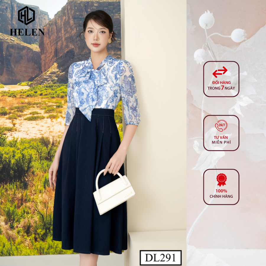 Đầm công sở HELEN thiết kế dáng xòe hoa xanh tơ cổ nơ phối chân xanh DL291