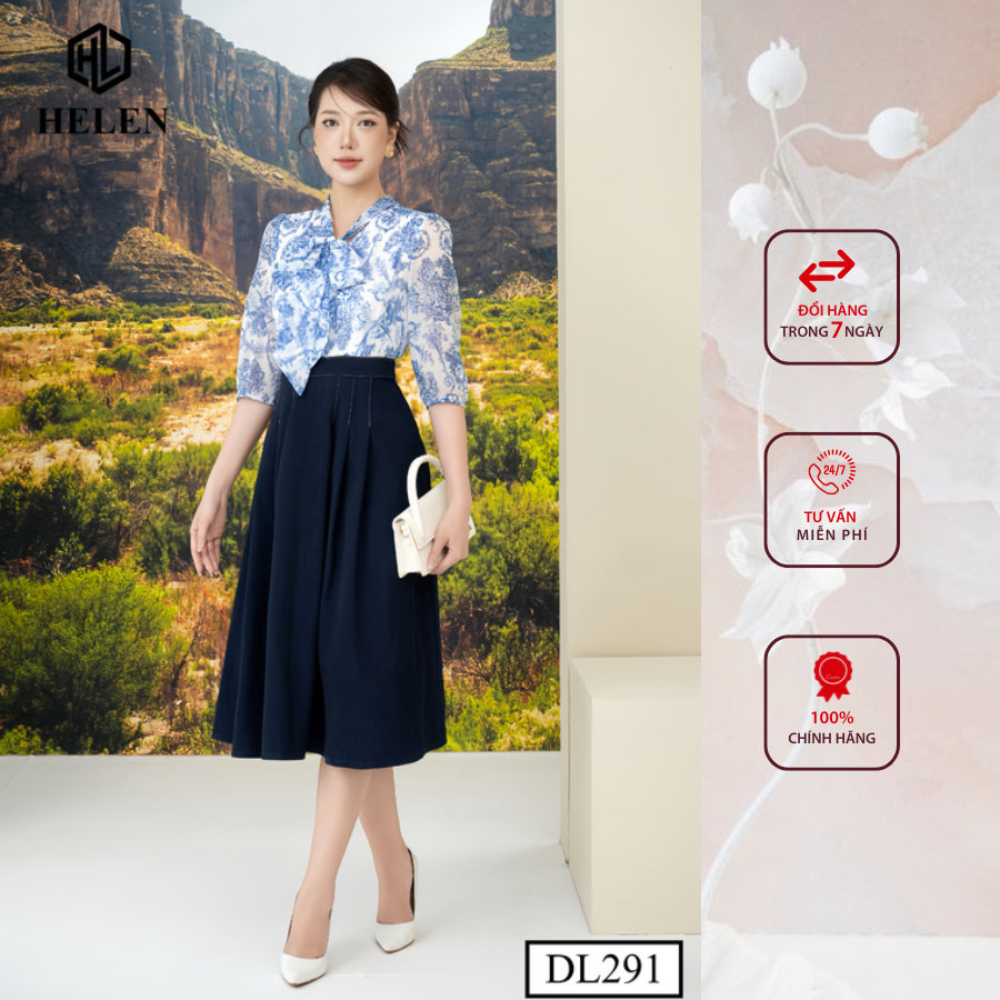 Đầm công sở HELEN thiết kế dáng xòe hoa xanh tơ cổ nơ phối chân xanh DL291