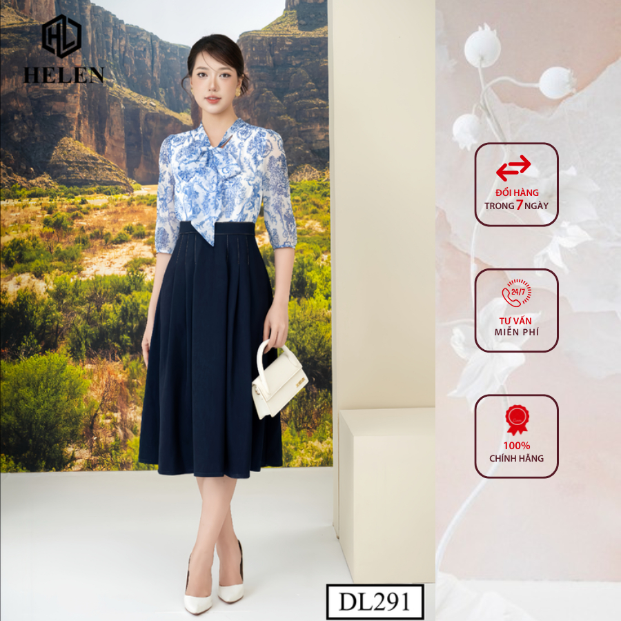 Đầm công sở HELEN thiết kế dáng xòe hoa xanh tơ cổ nơ phối chân xanh DL291