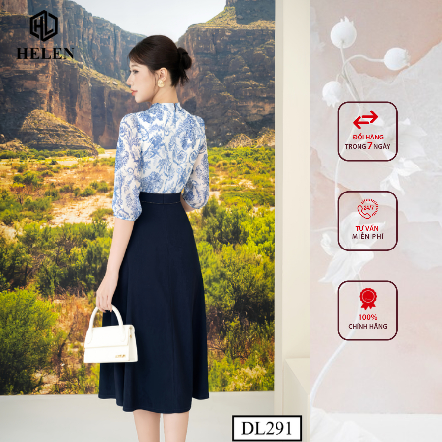 Đầm công sở HELEN thiết kế dáng xòe hoa xanh tơ cổ nơ phối chân xanh DL291