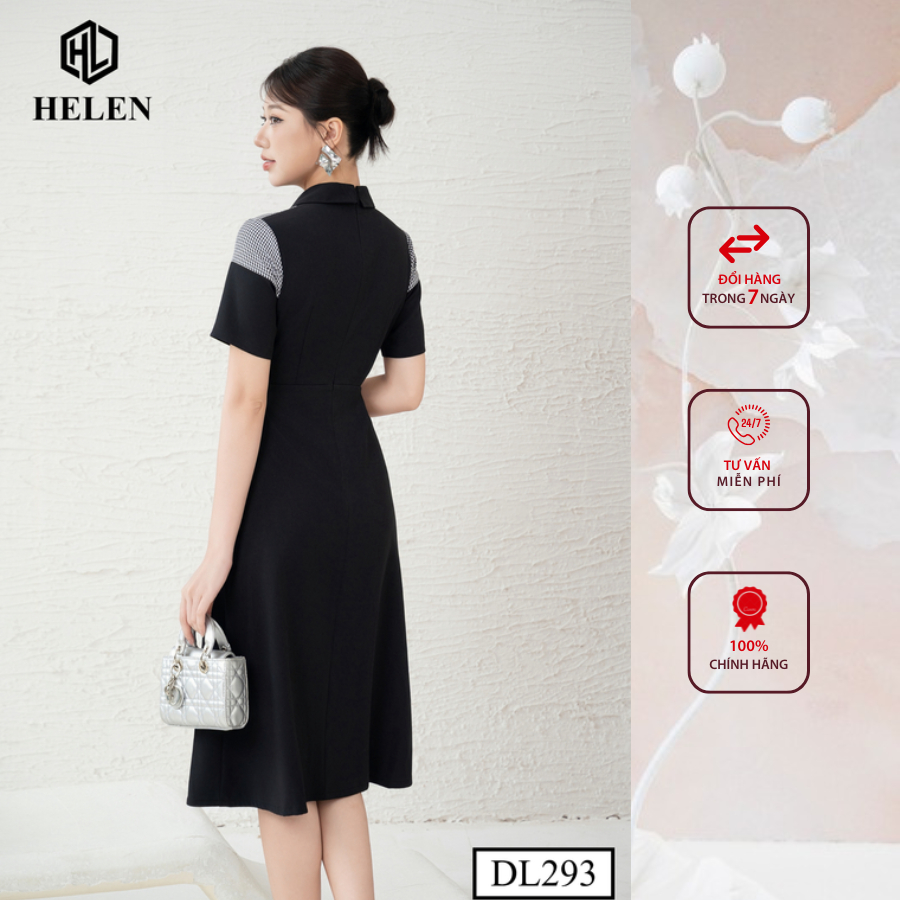Đầm công sở HELEN thiết kế dáng xòe đen phối kẻ cổ đức DL293