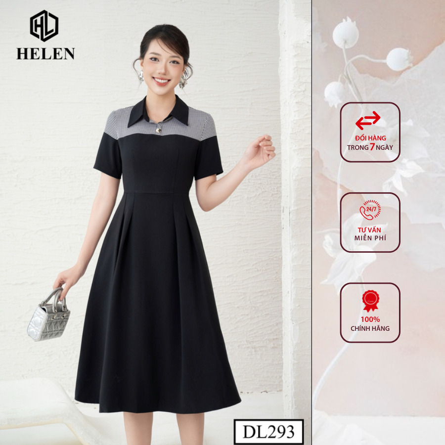 Đầm công sở HELEN thiết kế dáng xòe đen phối kẻ cổ đức DL293