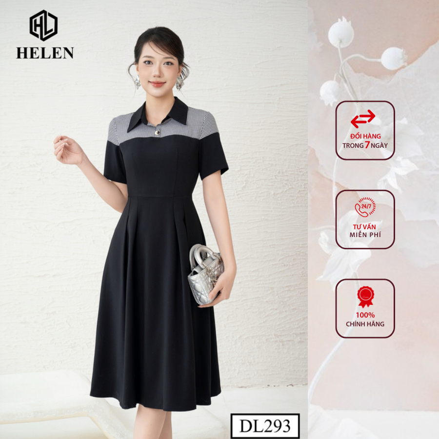 Đầm công sở HELEN thiết kế dáng xòe đen phối kẻ cổ đức DL293
