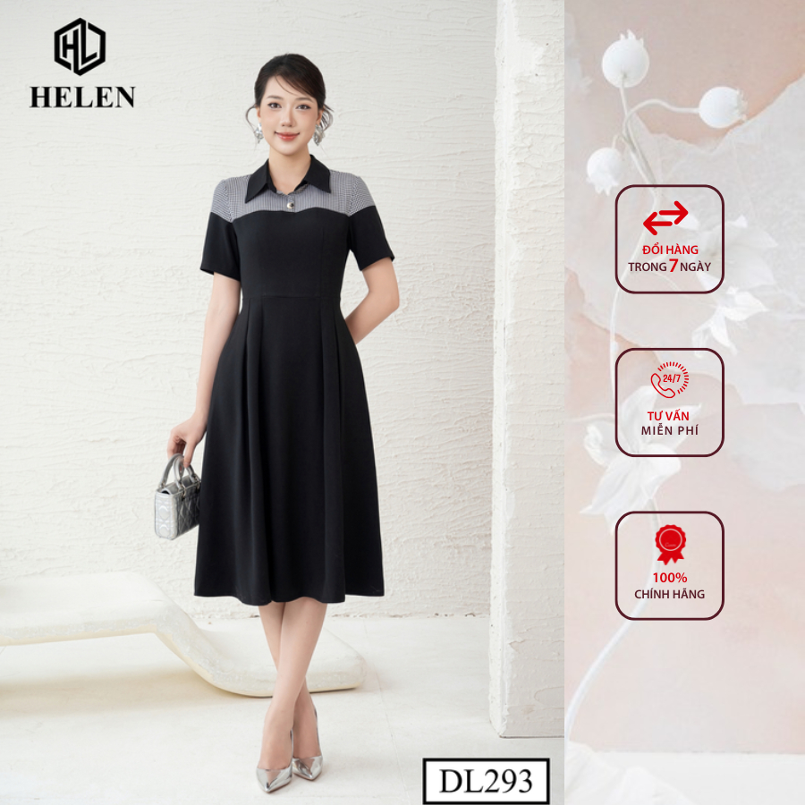 Đầm công sở HELEN thiết kế dáng xòe đen phối kẻ cổ đức DL293