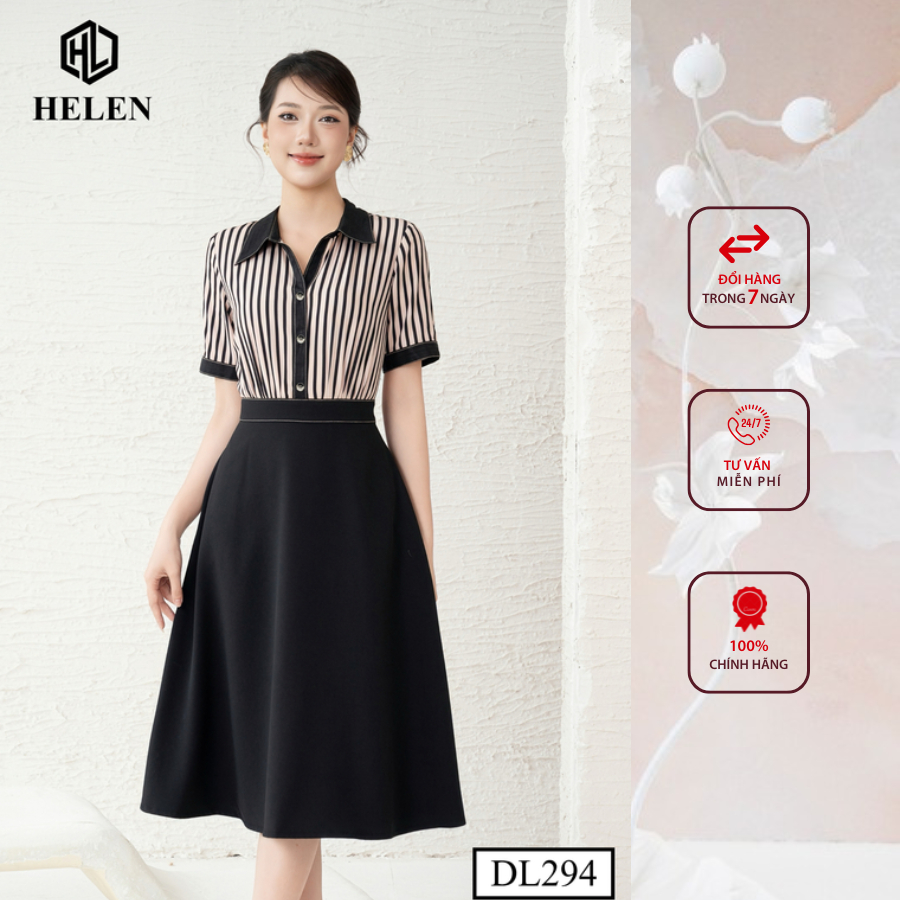 Đầm công sở HELEN thiết kế dáng xòe kẻ nâu phối chân đen DL294