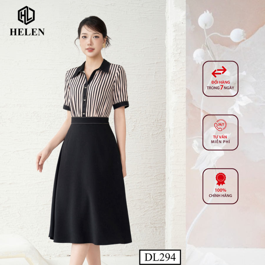 Đầm công sở HELEN thiết kế dáng xòe kẻ nâu phối chân đen DL294