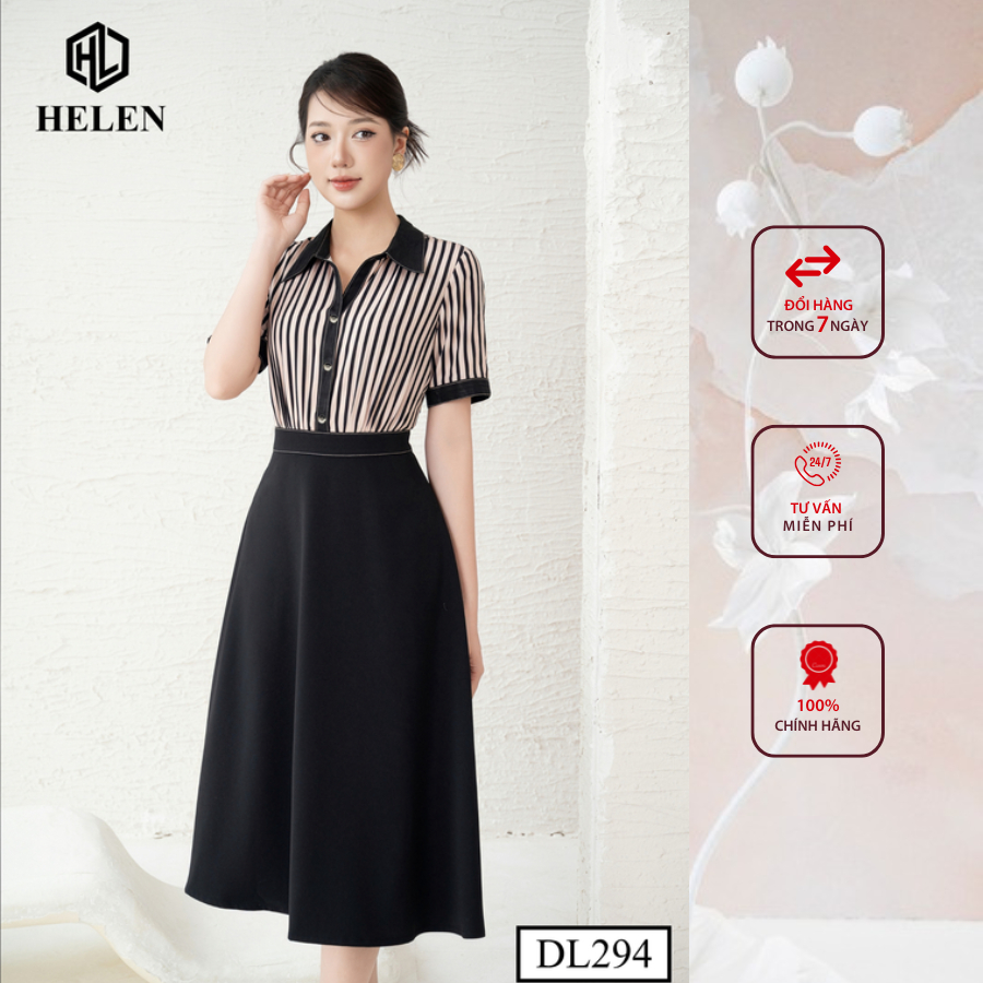 Đầm công sở HELEN thiết kế dáng xòe kẻ nâu phối chân đen DL294