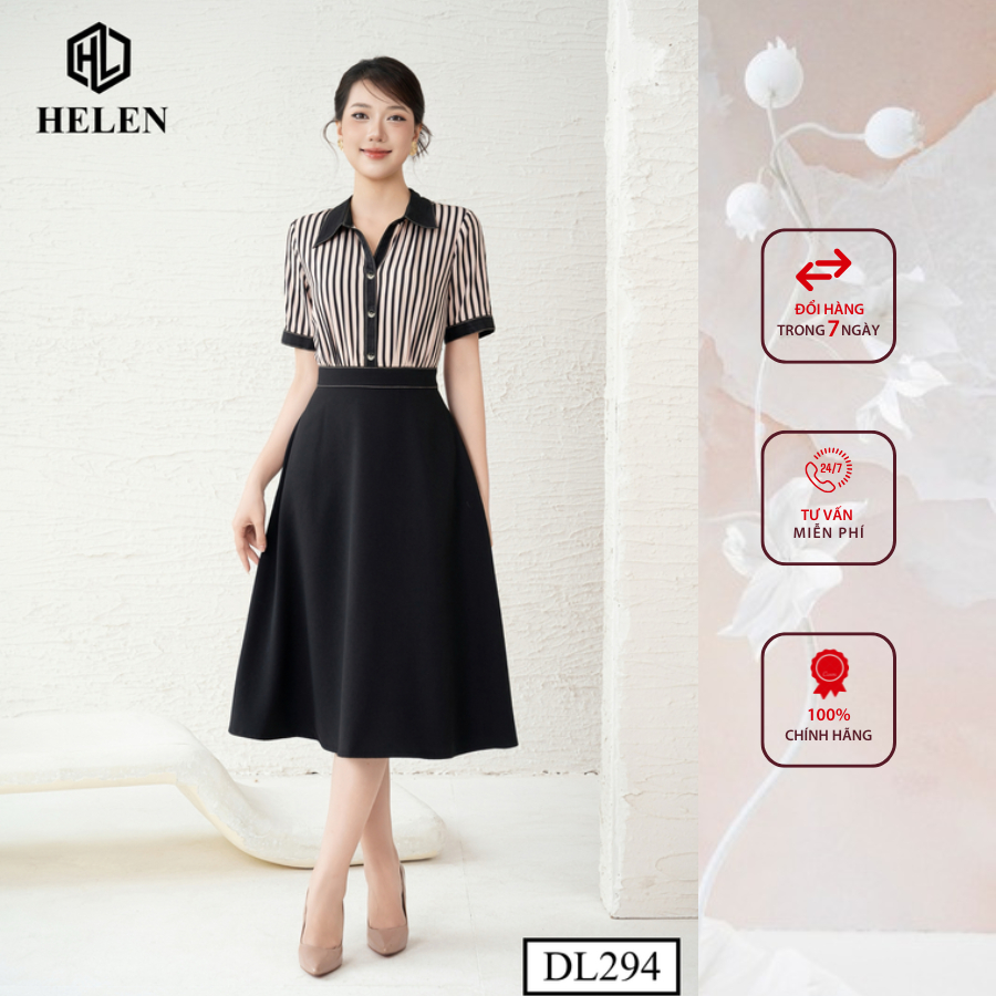 Đầm công sở HELEN thiết kế dáng xòe kẻ nâu phối chân đen DL294